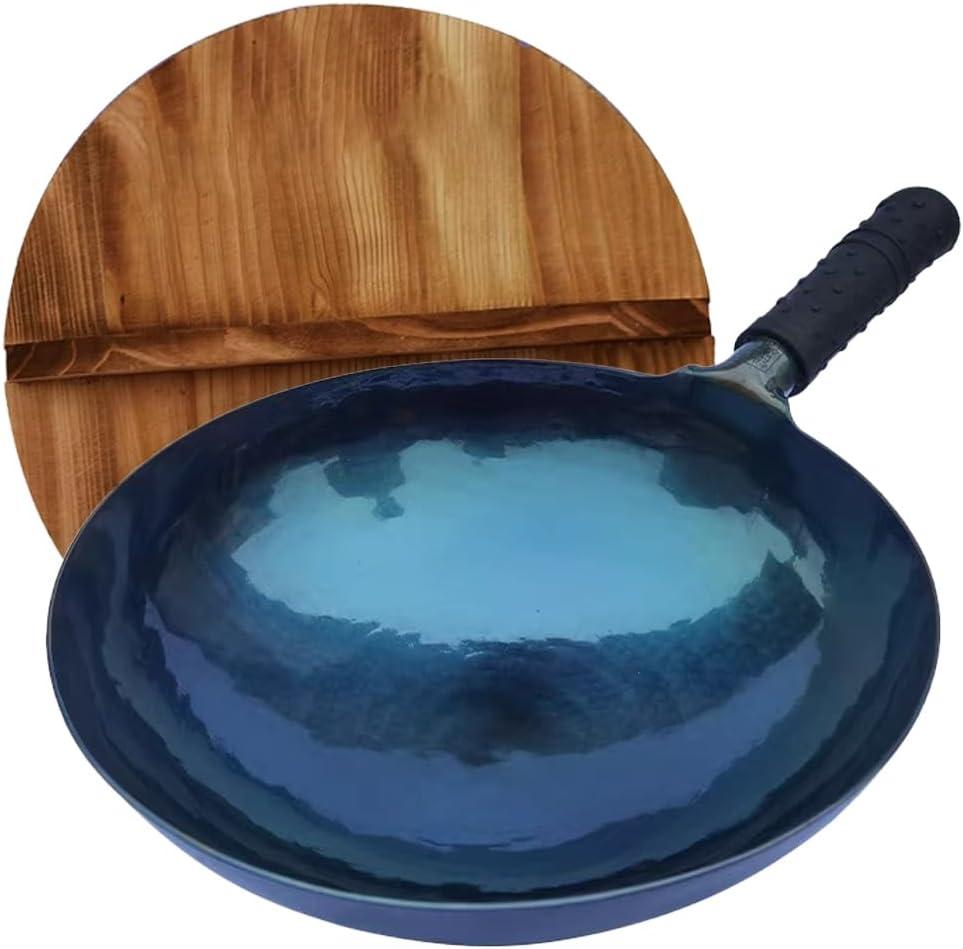 cast iron wok with lid,14 inch woks & stir-fry pans nonstick, chinese traditional pans for open fire, large cookwares, cooking, bbq, grill, camping, blue carbon steel pre-seasoned wok (36cm)