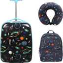 Space Printed 2-Wheel Lightweight Carry-on Luggage Suitcase with Backpack and Neck Pillow (3-Pc Set) For Boys