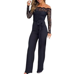 Womens Dressy Jumpsuits Casual One Piece Outfits Off Shoulder Lace Trim Overalls Straight Leg Pants (Black, Size M)