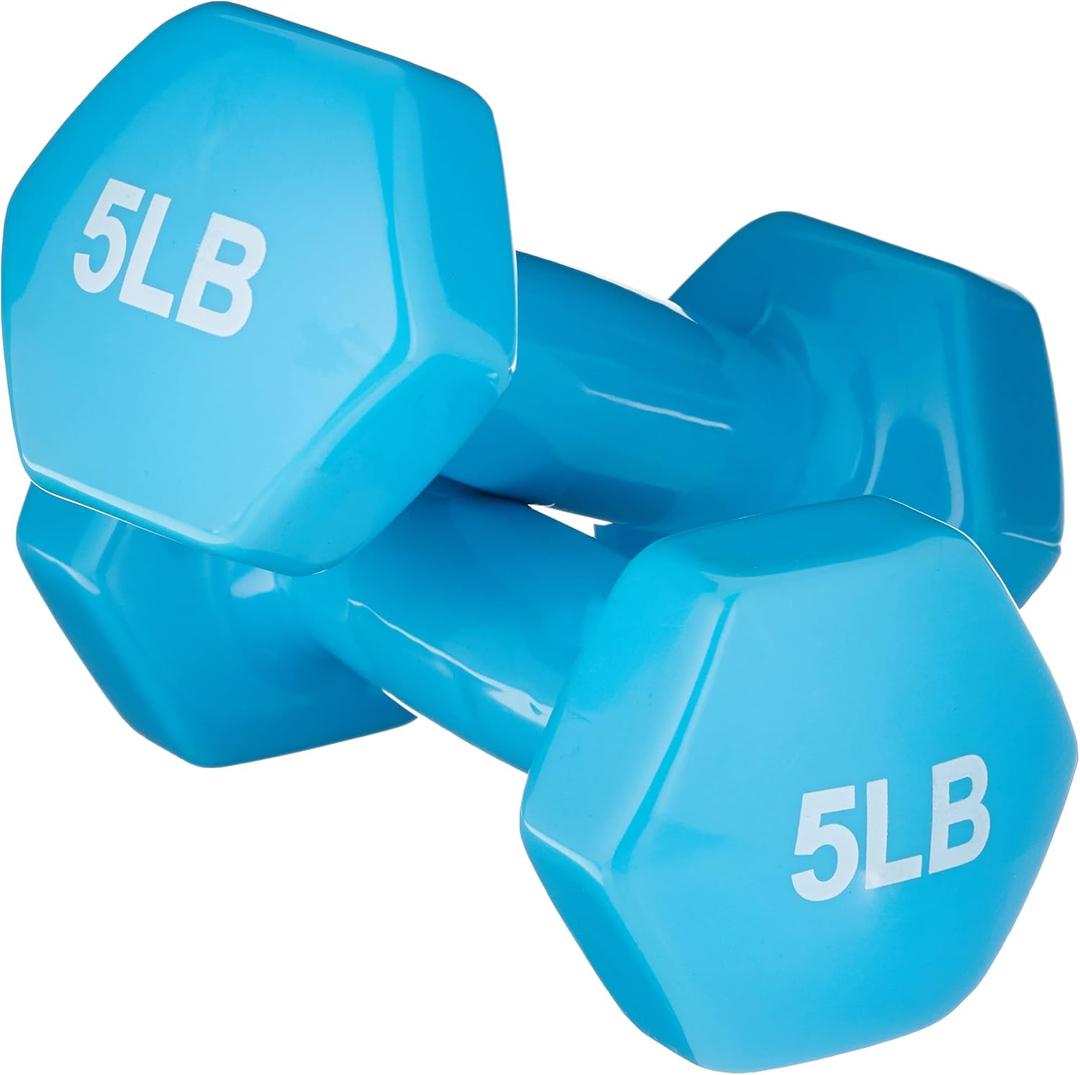 Amazon Basics Vinyl Coated Dumbbell Hand Weights, 5 Pounds, Pair, Light Blue