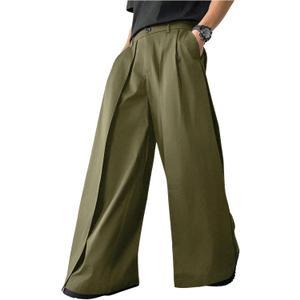 OYOANGLE Men's Baggy Dress Pants Wide Leg Pleated Loose Work Trousers (Green, L)