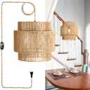 11.8" Boho Jute Plug in Pendant Light, Handwoven Natural Hanging Lamp Plug in with Dimmable Light Switch, Wicker Hanging Light Fixture for Bedroom Living Room Kitchen (No Bulb Included)