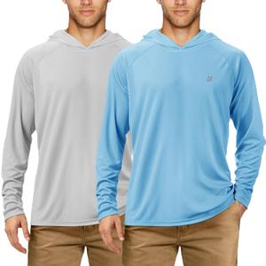 Roadbox UPF 50+ Fishing Shirts for Men, Long Sleeve UV Sun Protection Hoodie, Outdoor Hiking Running Swimming Rash Guard (Large, 2 Pack-light Blue+gray)