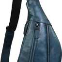 LRTO Genuine Leather Sling Bag for Men and Women Vintage Real Leather Crossbody Chest Bags Backpack Purse for Travel Hiking (Blue)