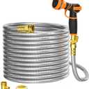 Giraffe Tools Garden Hose 100ft x 5/8", 304 Stainless Steel Metal Water Hose, No Kink Garden Water Hose with 9 Pattern Spray Nozzle, Flexible, Lightweight, Kink Free Hose for Yard, Outdoor