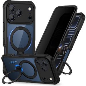 Privacy Case for iPhone 17 Pro Max Case with Stand, Compatible with MagSafe, Full-Body Phone Case with Built-in 9H Tempered Glass Privacy Screen Protector and 360 Rotating Magnetic Stand Ring -Black