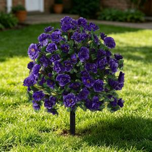 Artificial Flowers for Outdoor with Ground Spike, 22" Faux Azalea Silk Floral Topiary Ball Bushes Shrubs for Garden Yard Patio Home Decor, UV Resistant (Purple)