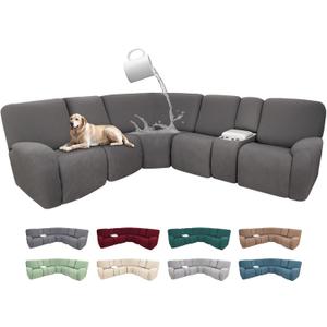 100% Waterproof Sectional Recliner Couch Covers for Reclining Couch L Shaped Corner Sectional Sofa Cover Jacquard Stretch L Shape Recliner Slipcovers (5 Seater 1 Console Cover, Middle Gray)