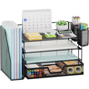 Marbrasse Desk Organizer and Accessories4-Tier Paper Letter Tray Organizer with File Holder, Desk Accessories & Workspace Organizers with Drawer and 2 Pen Holder (Black, 15.4" x 9.1" x 8.3")