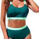 Womens High Waisted Bikini Sets Sporty Crop Top Color Block Swimwear Bandeau Scoop Neck Vintage Two Piece Bathing Suits, L