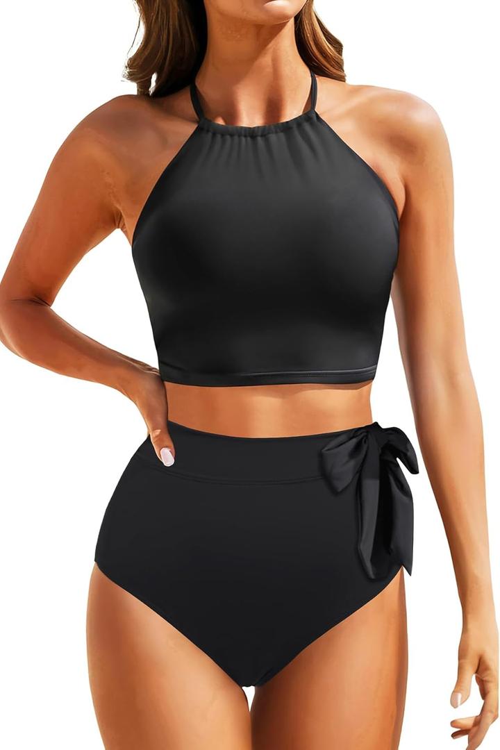Tempt Me Women High Waisted Bikini Sets - Two Piece Swimsuit High Neck Bathing Suits Tummy Control Swimwear (X-Large, Black)