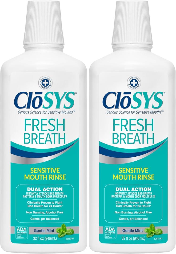 CloSYS Mouthwash, 32 Ounce, 2 Count, Fresh Breath Mouthwash, Gentle Mint, Alcohol Free, Dye Free, pH Balanced Mouth Wash, Helps Soothe Entire Mouth, Fights Bad Breath