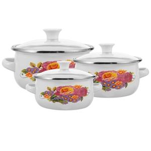 Amosfun 3Pcs Enamel Mini Pots Stackable Cooking Pots with Lids and Handles Ears For Noodles Soup Cooking Assorted Size Pot Diameter 4.7 Inch 5.5 Inch 6.3 Inch