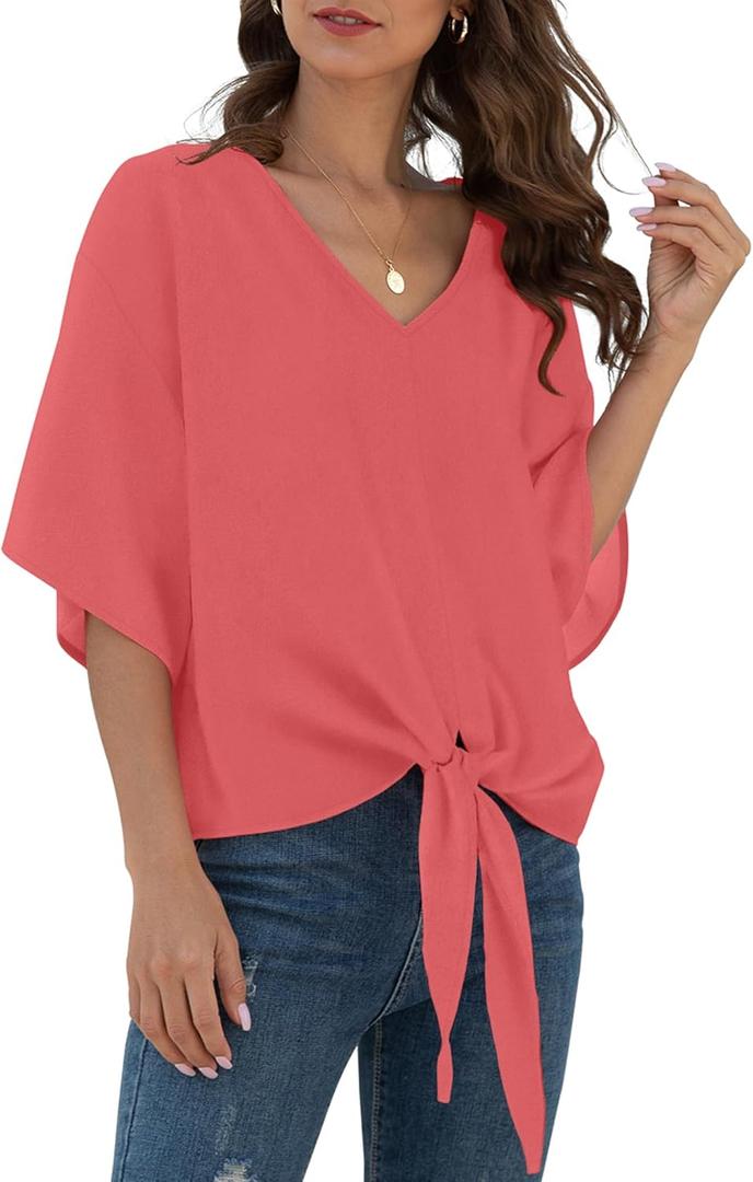 VIISHOW Womens Tie Front Chiffon Blouses V Neck Batwing Short Sleeve Summer Floral Tops Shirts (Small, Watermelon Red)