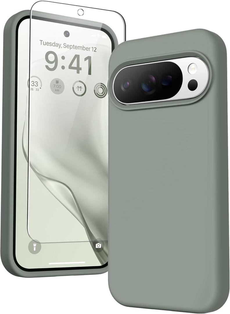 GONEZ for Google Pixel 10/Pixel 10 Pro Case, Liquid Silicone Case with Screen Protector, Full Body Protective Cover, Anti-Scratch Soft Microfiber Lining, Shockproof Phone Cover 6.3", Calke Green