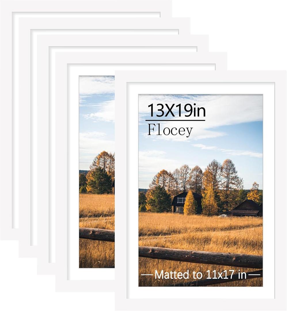 13x19 Picture Frame Set of 5, White Poster Frame, Display Pictures 11 x 17 with Mat or 13 x 19 Without Mat for Horizontal or Vertical Wall Mounting, Wall Gallery Frame