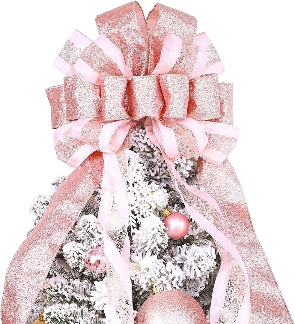 Christmas Tree Topper, 40x13 Inches Toppers Bow with Glitter Satin Mesh Streamer and Patterned Ribbon, Christmas Tree Topper Bow for Christmas Home Decoration (Rose Gold)