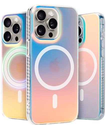LONLI Hue - Magnetic Case for iPhone 15 Pro - [Compatible with Magsafe] - [360° Shock-Absorbent Bumper] - [Cute and Unique Phone Cover for Girls and Women] - Fluorescent Holographic Iridescent