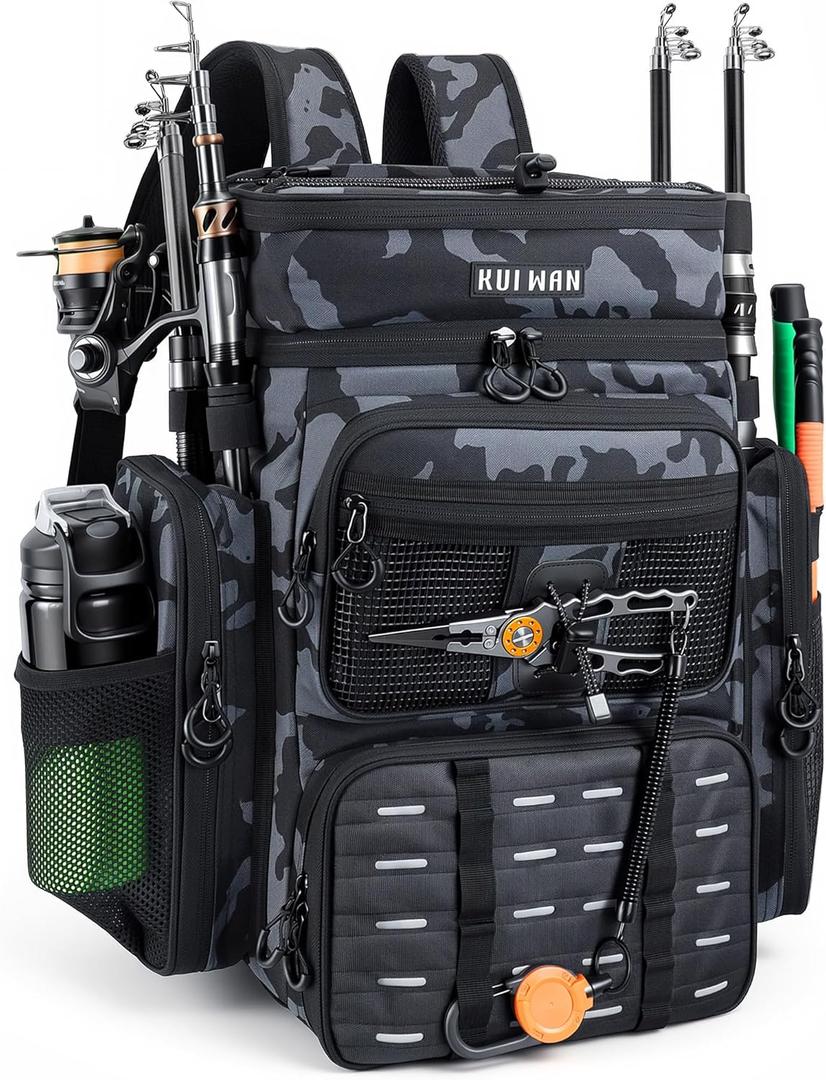 Fishing Backpack with Cooler & 4 Rod Holder, Large 45L Tackle Bag Store Fishing Gear Boxes Gifts for Men Woman-Camo Back Pack