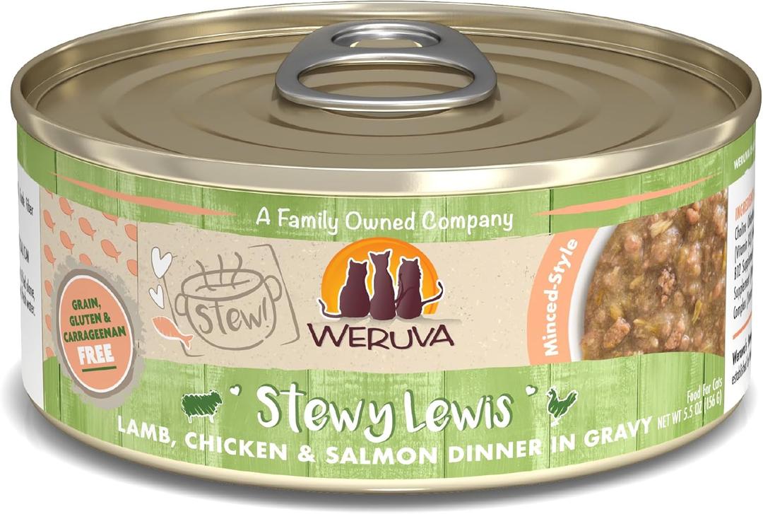 Weruva Classic Cat Stews, Stewy Lewis with Lamb, Chicken & Salmon in Gravy, 5.5oz Can (Pack of 8), Best By JUL 20/2027