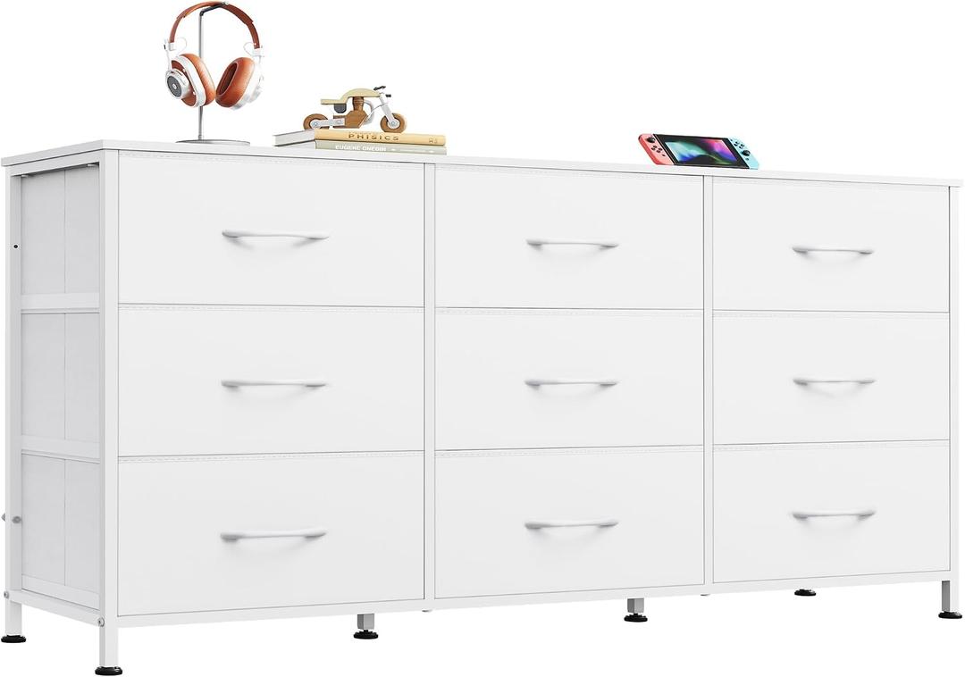 WLIVE 47''W Dresser for Bedroom, White Dresser TV Stand for 45, 50, 55 inch TV, Wide Chest of Drawers with 9 Drawer, Large Entertainment Center, Fabric Dressers with Wood Top for Closet, Living Room, Regular Size