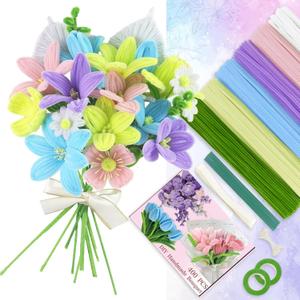400 Pcs Colorful Pipe Cleaners Craft for Flowers, 6 Colored Pipe Cleaner Flower Kit, Pastel Chenille Stems for Handmade Bouquet Wrapping Party Decorations with Floral Wire, Ribbons, Tape
