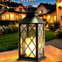 14" Large Tempered Glass Solar Lanterns Outdoor Waterproof, Hanging Solar Lights with Flickering Flameless Candles, Retro Solar Lantern for Wall Porch Patio Table Garden Decoration (Black)