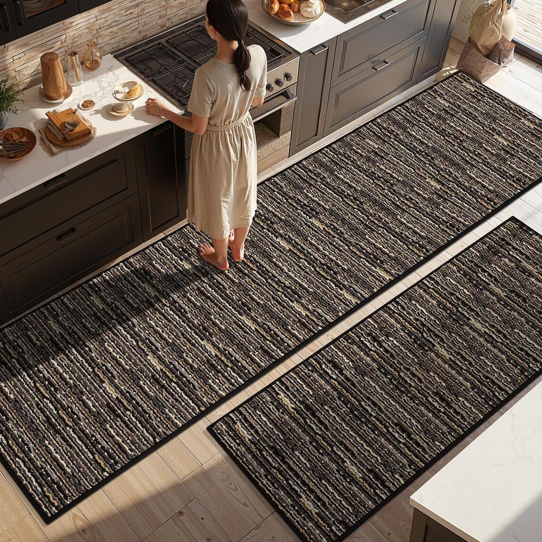 Kitchen Rugs Sets of 2-Non Slip Kitchen Mats for Floor-Thick Stain Resistant Vintage Kitchen Floor Mat Runner Carpet for Hallways Entryway Laundry Room WashableBlack 24"x79"+20"x47"