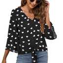 VIISHOW Women's Casual V Neck Tops 3/4 Sleeve Tie Knot Summer Blouses Button Decorative Shirts Blouses,L Black Love,Small