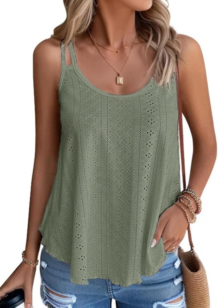 Womens Tank Tops Summer Sleeveless Casual Spaghetti Strap Blouses Eyelet Embroidery Loose Fit Tunic Shirts (XL, Green)