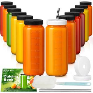 Ruckae 16oz 12 Pack Juice Bottles, Glass Bottles Juicing with Lids, Smoothie Cup Lids and Straws, Water Bottle Mason Jar Drinking Glasses for Juicing, Smoothies, Kombucha (Transparent)