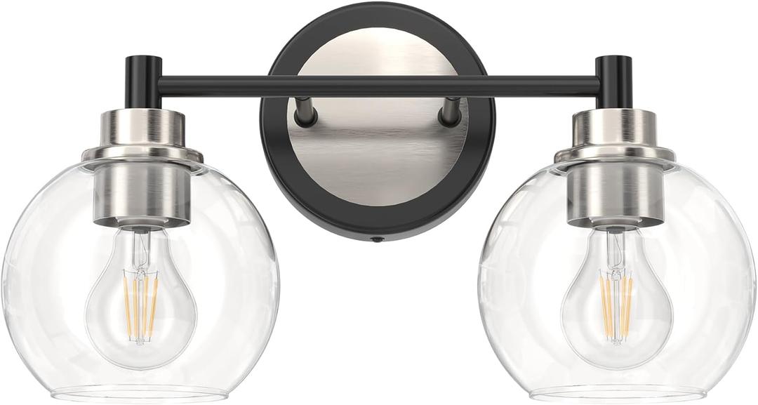 VONLUCE Bathroom Light Fixtures, 2-Light Vanity Light with Globe Glass Shades E26 Sockets, Bathroom Lights Over Mirror for Bedroom Hallway Living Room, Black & Nickel Finish