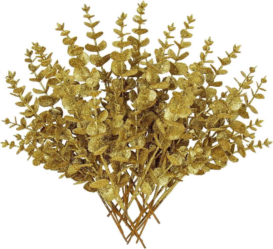Hollyone 20 Pcs Glitter Artificial Eucalyptus Branches 13" Christmas Pine Stems Picks Gold Fake Picks Stems for DIY Christmas Tree Garland Wreath Crafts Home Decoration