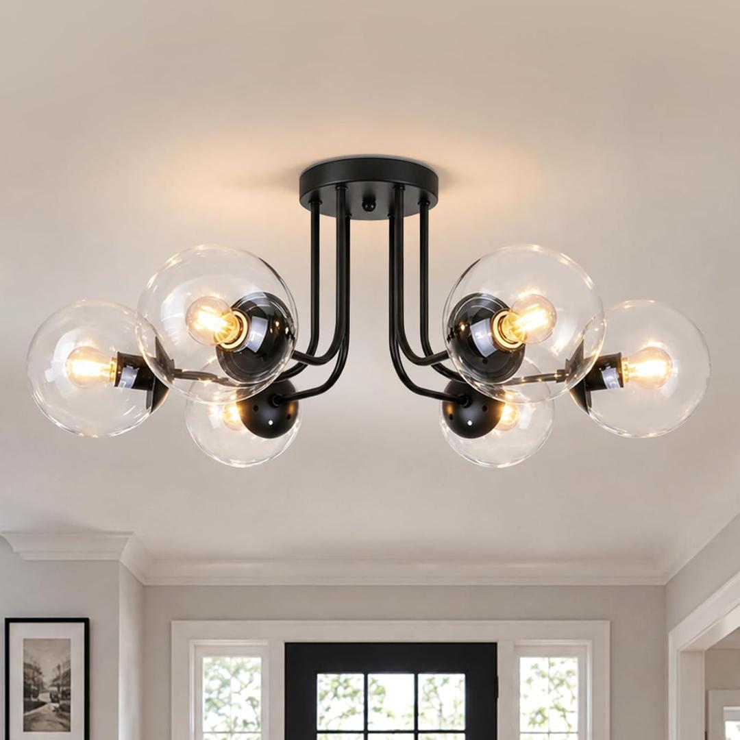 KoKo&Yukina 6-Light Modern Semi Flush Mount Ceiling Light Fixture Mid Century Ceiling Light Globe Ceiling Light with Clear Glass Shade Matte Black Finish for Bedroom Hallway Dining Room Living Room