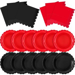 120 Pcs Red and Black Plates and Napkins Party Supplies Disposable Paper Plates 7 Inch Scalloped Plate for Graduation Casino Theme Party Spooky Birthday Decorations,Serve 60(Red and Black)