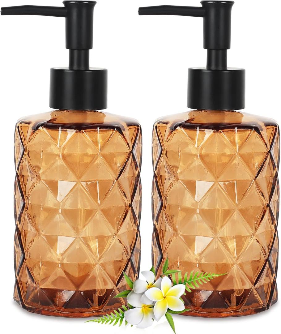 Clear Glass Soap Dispenser, 4 Pack/11 Oz Liquid H& Soap Dispenser Set for Kitchen Sink & Bathroom, Dish Soap Dispenser Set Jar Lotion Glass Soap Dispenser Bottles with Black Pump (Dark Brown)