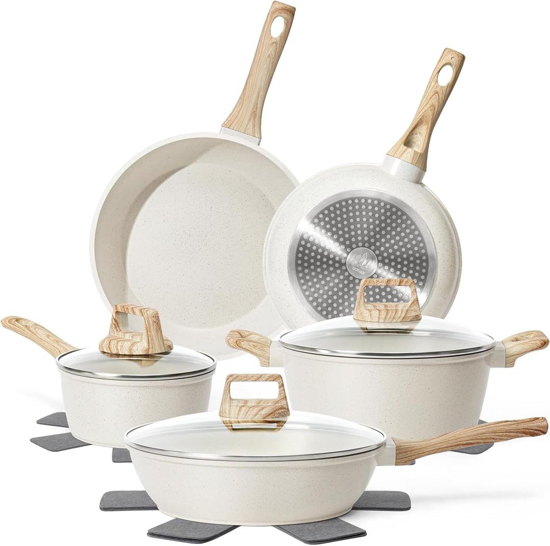 SODAY 12 Pcs Pots and Pans Set Non Stick, Cookware Sets White Granite Induction Cookware, Non-toxic Healthy Nonstick Kitchen Cooking Set with Frying Pan Set, Saucepans (PFAS/PFOA/PFOS Free)