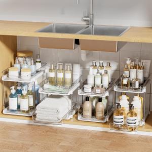 Delamu 2-Tier Multi-Purpose Bathroom Under Sink Organizers and Storage, Stackable Kitchen Pantry Organization, Pull Out Medicine Cabinet Organizer with Movable Dividers, White, 4Pack