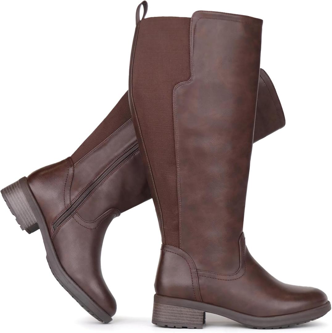 Women's Extra Wide Calf Knee High Boots with Side Zipper and Stretch Panel (6, Brown)
