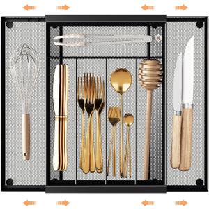 Sedegn Silverware Organizer Metal Mesh, Drawer Organizer, Utensil Cutlery Tray for kitchen drawers,Expandable Flatware Organizer with 7 Compartment Black 9.6"~16.1" x 13.8"
