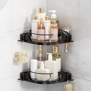 360 Rotating Corner Shower Caddy (2-Pack) - Lazy Susan Bathroom Organizer with Hooks, No-Drill Adhesive Mount for Shower, Kitchen, RV, Space-Saving ABS Plastic Shower Shelf (Black)