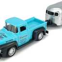 Vintage Blue Pickup Truck Trailer Towing Toy Camper RV Motorhome Toys for Boys Diecast Model Car Metal Pull Back Toy Cars 3 4 5 6 7 Year Old Toddler Kids Birthday Gifts Cake Topper Home Office Décor