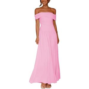 Women's Off The Shoulder Maxi Dress Bodycon Ruched Flowy Long Dresses Pleated Summer Dress (Medium, Pink)