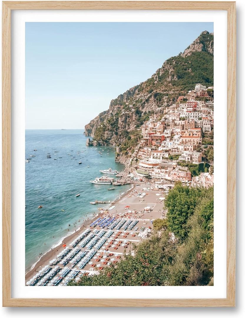 HesenDot Natural OAK Wood Framed Italian Positano Beach Wall Art,12x16in Amalfi Coast Canvas Wall Print,Summer Coastal Landscape Poster Wall Decor for Living Room,Bedroom,Office Gallery Set of 1