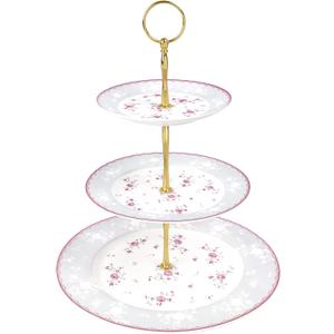 fanquare Pink Rose 3 Tier Porcelain Cupcake Stand, Floral Round Fruit Display Stand, Dessert Tower Tray for Wedding, Birthday and Tea Party