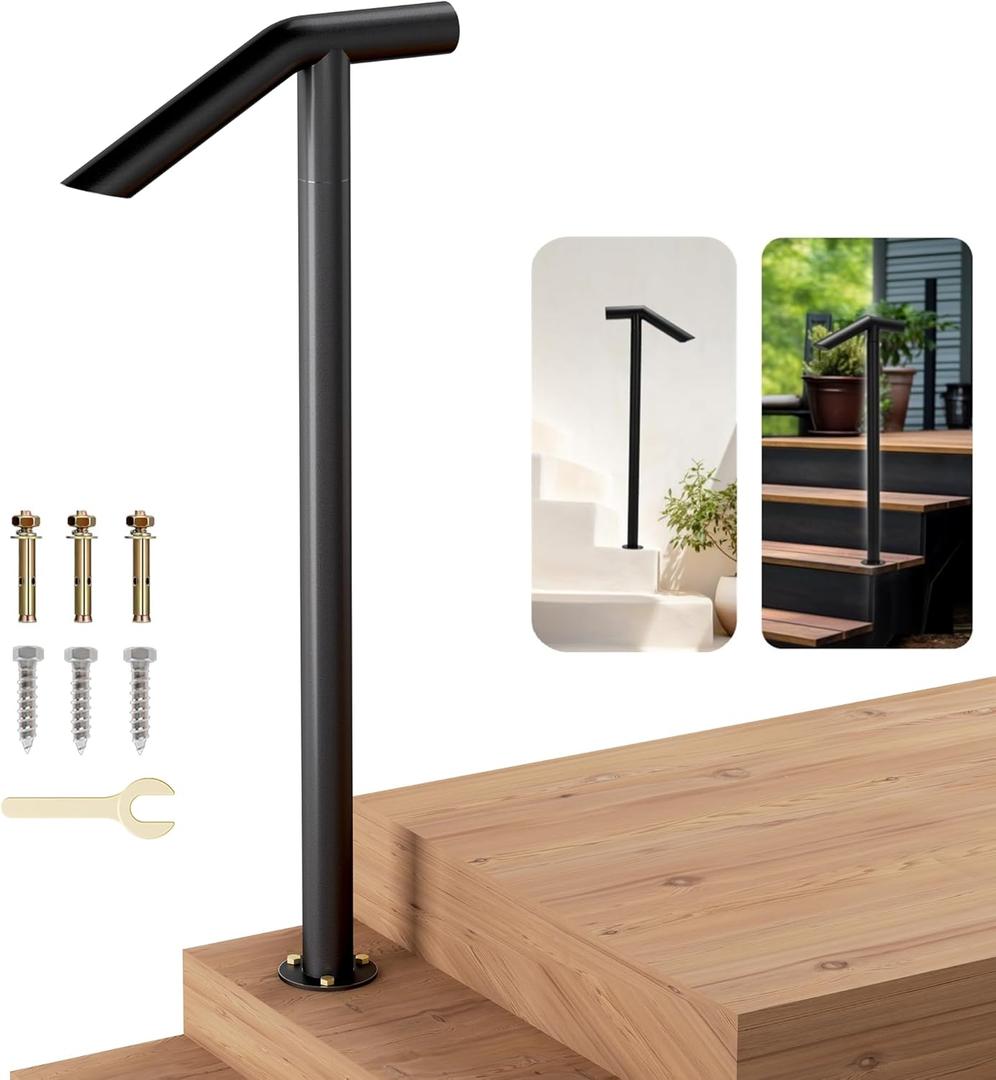 Xesi Single Post Handrail with DIY Took Kit, Black Wrough Iron Hand Railing - Outdoor Stair Railing Fit 2 or 1 Step Handrails for Outdoor Steps, Single Step Handrail