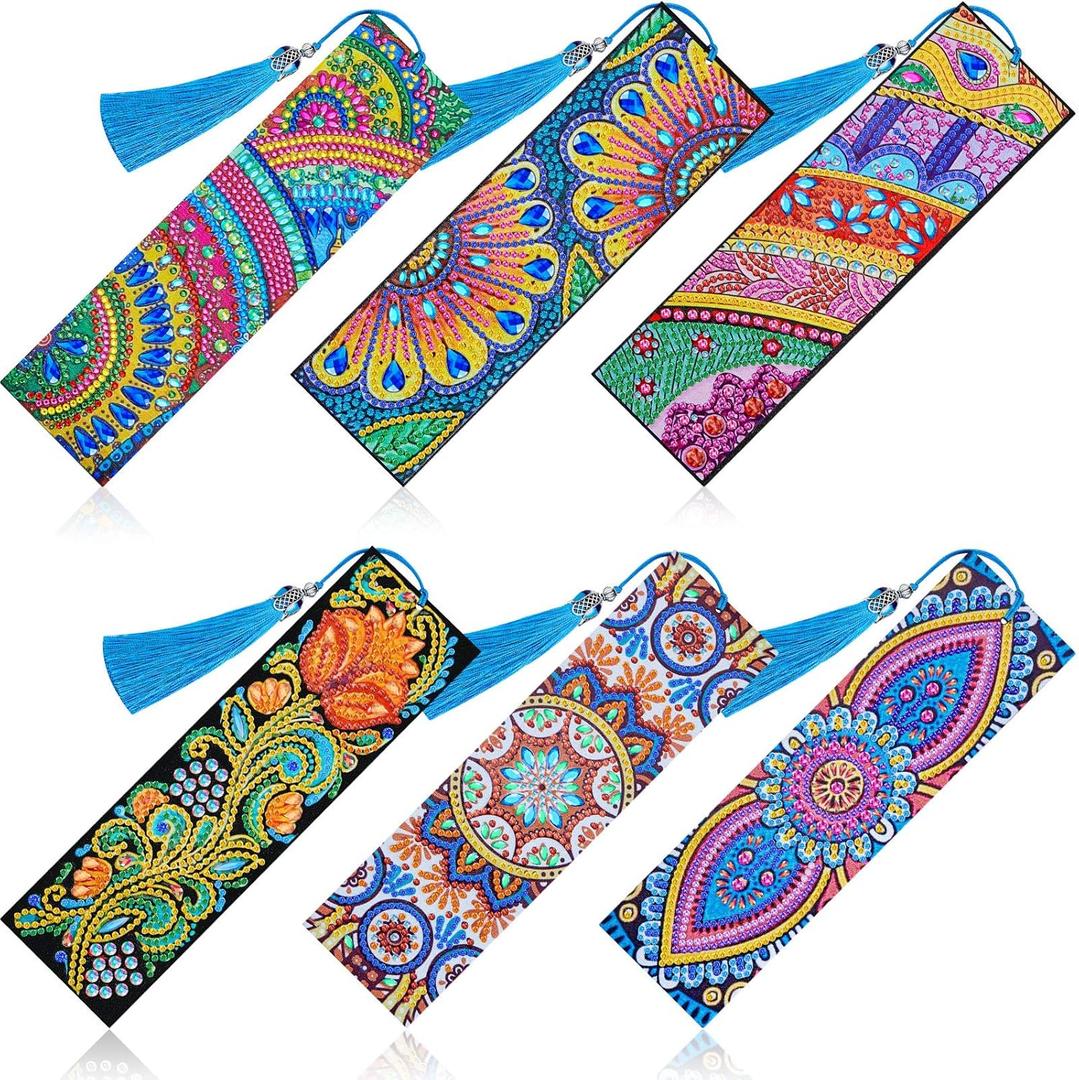 6 Pieces 5D Diamond Bookmark DIY Painting Bookmark Floral Beaded Leather Tassel Bookmarks for DIY Making Arts Crafts Adults Graduation Birthday Embroidery(Classic Style)