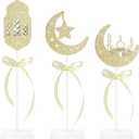 3 Pcs Ramadan Decorations Eid Mubarak Table Decor Set, Standing Wooden Islamic Moon Star Table Centerpiece & Tiered Tray Decor for Muslim Party Home Kitchen Office Tabletop Decoration