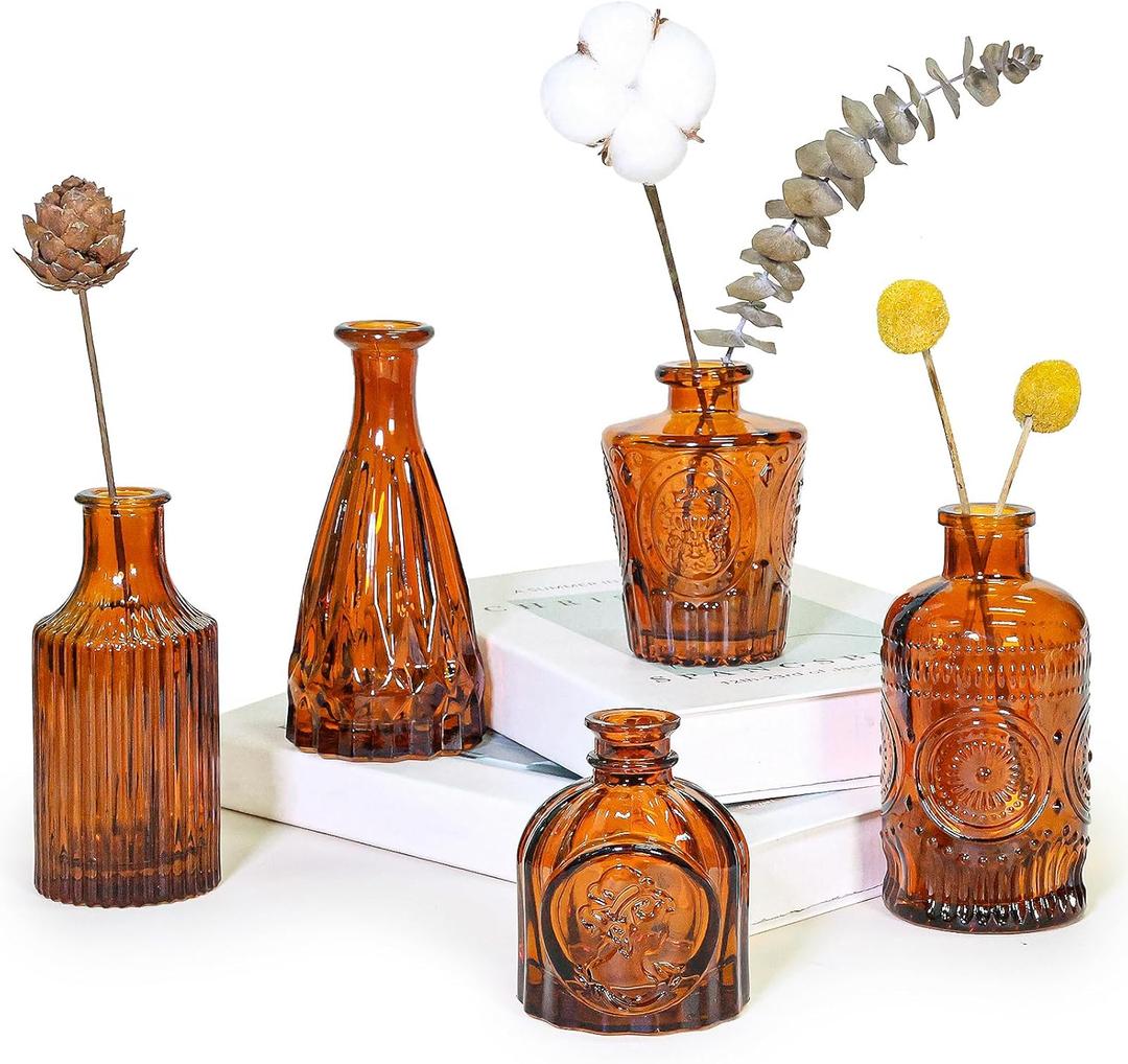 Glass Bud Vase Set of 5, Amber Small Flower Vases for Centerpieces in Bulk, Mini Vintage Vase for Rustic Wedding, Home,Table Decoration