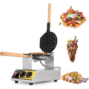 Dyna-Living Bubble Waffle Maker Commercial Bubble Waffle Iron 1400W Electric Stainless Steel Waffle Maker Hong Kong, Egg Puff Waffle Iron Machine Restaurant, 180 Rotating, Non-stick Coating (Style2)